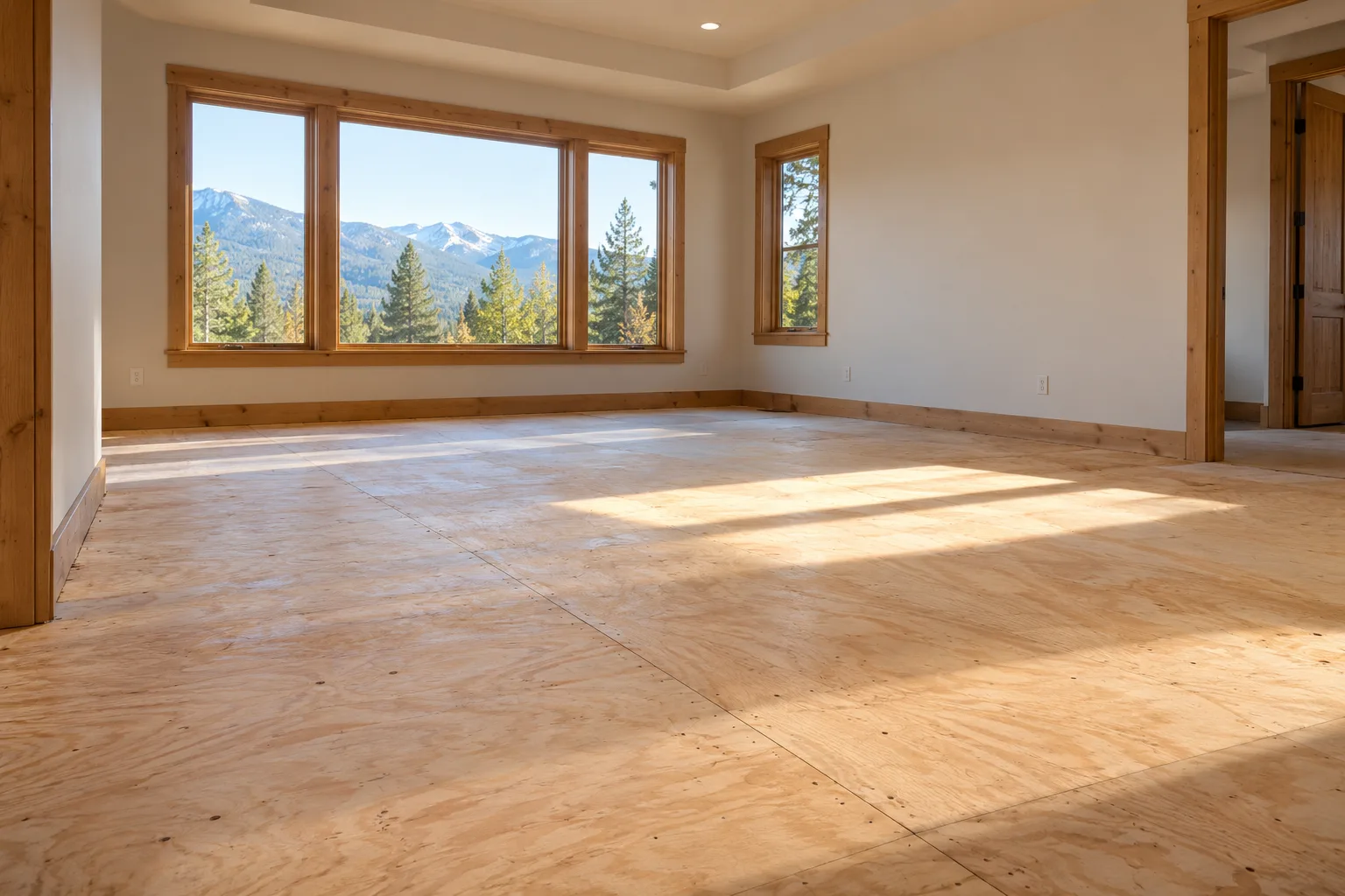 Empty room with clean exposed plywood subfloor after carpet removal