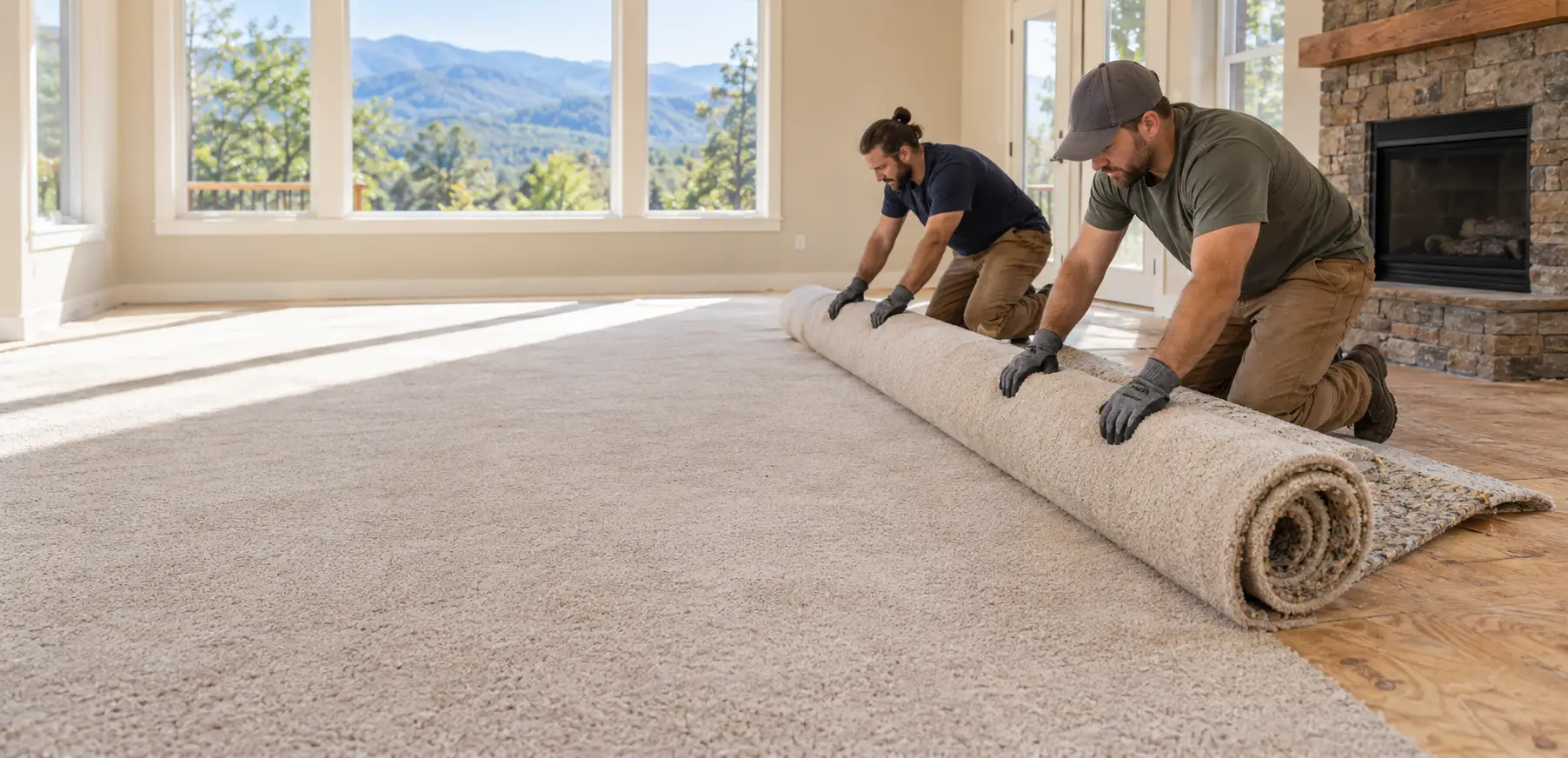Two workers rolling carpet from a bright living room